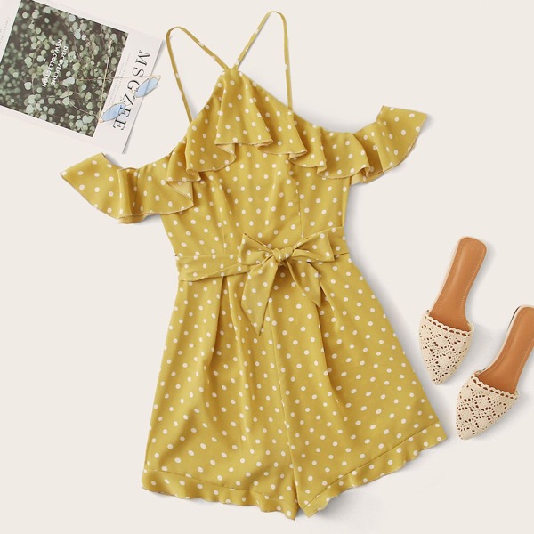 

Plus Halterneck Ruffle Trim Belted Polka Dot Romper, Yellow