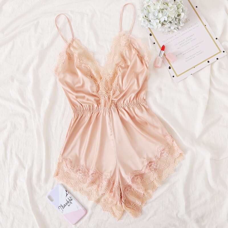 

Lace Trim Satin Cami Romper, Apricot