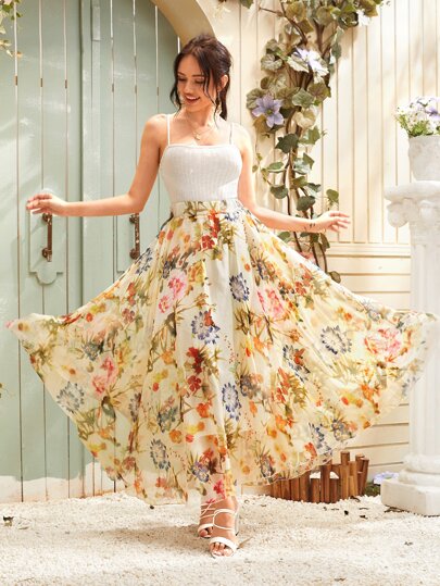 All Over Floral Print Elastic Waist Skirt
