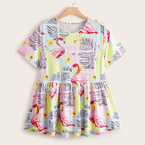

Plus Tropical & Flamingo Print Peplum Tee, Multicolor