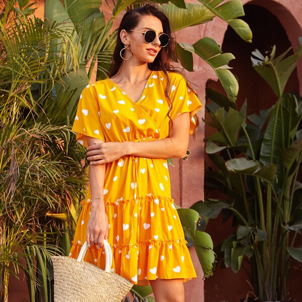 

Heart Print Ruffle Hem Drawstring Dress, Yellow