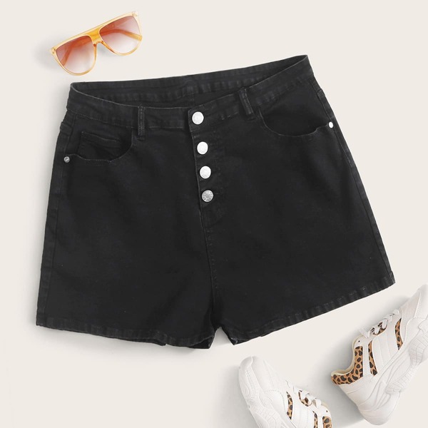 

Plus Single Breasted Slant Pocket Denim Shorts, Black