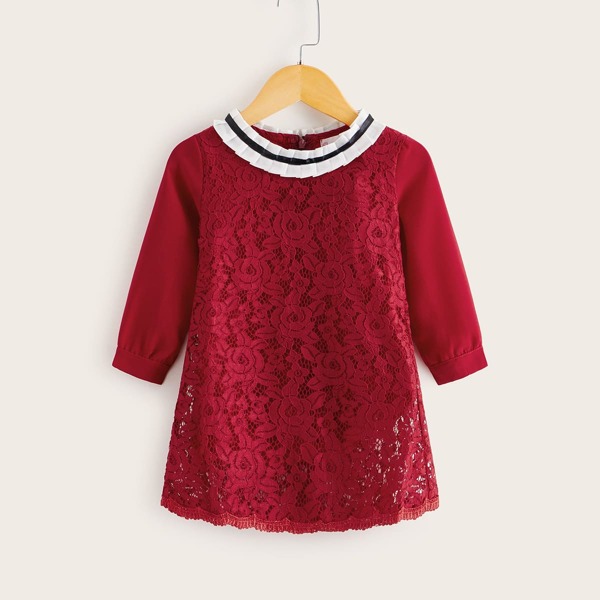 

Toddler Girls Lace Overlay Pleated Neck Tunic Dress, Red