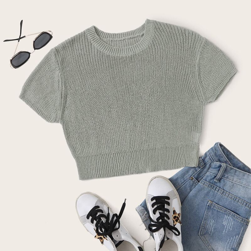 

Solid Crop Ribbed Knit Top, Grey