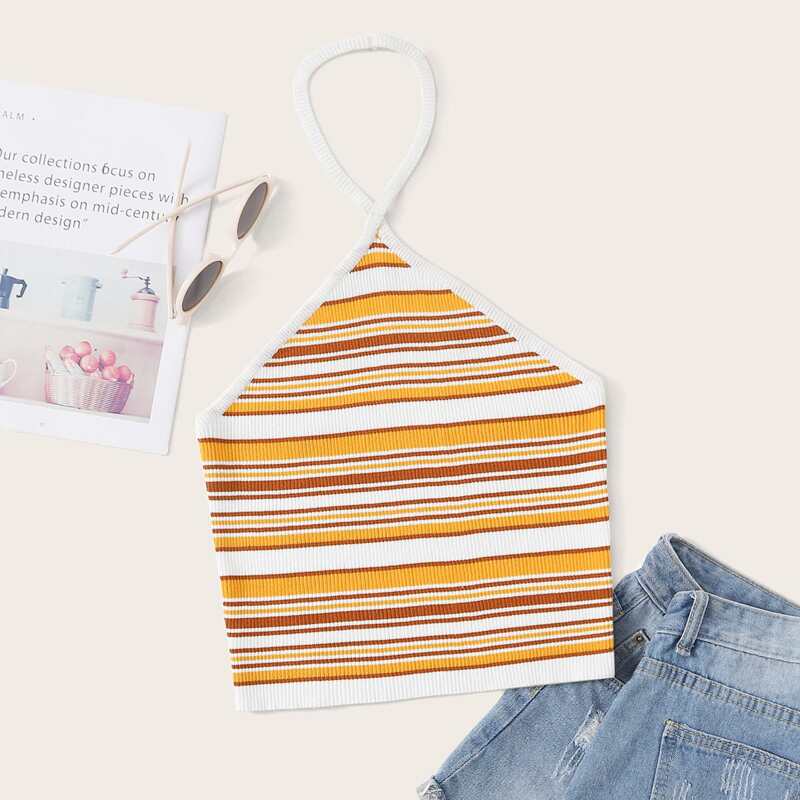 

Color Striped Halter Knit Top, Multicolor