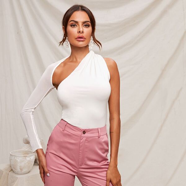

One Shoulder Open Back Mesh Sleeve Top, White