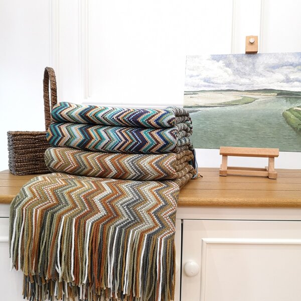 

Контрастное волновое одеяло с бахромой 1шт, Многоцветный