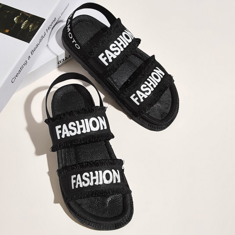 

Letter Graphic Chunky Sole Slingback Sandals, Black