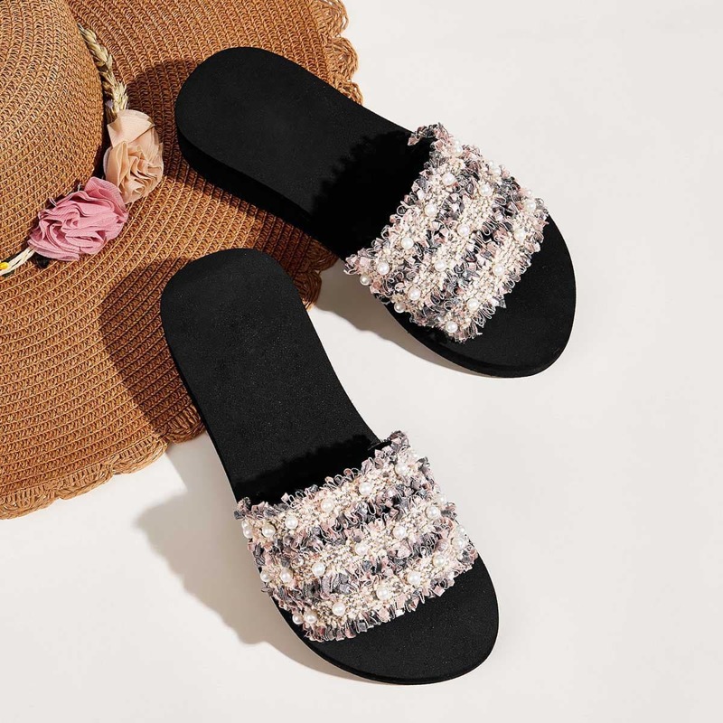 

Faux Pearl Decor Chunky Sole Sliders, Pink