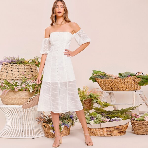 

Off Shoulder Puff Sleeve Applique Jacquard Dress, White