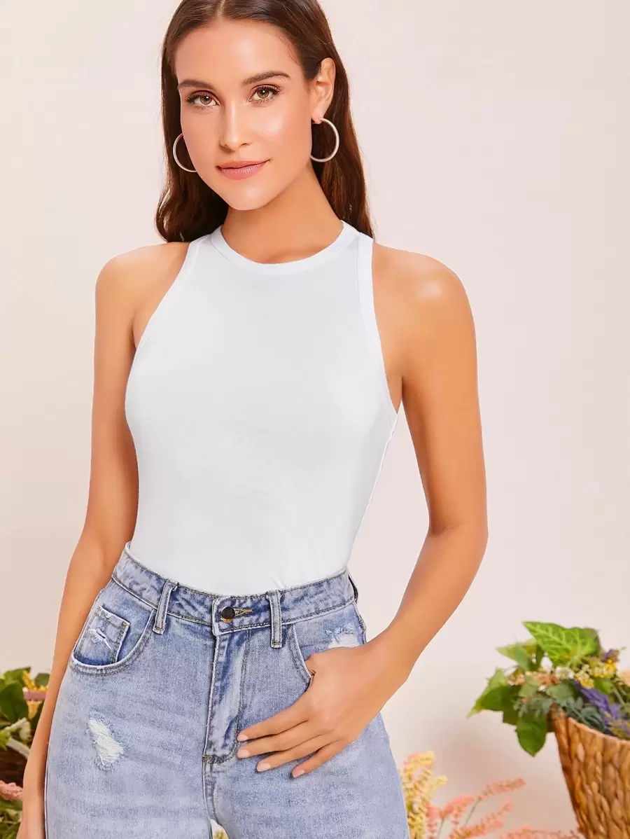 SHEIN Essnce Solid Racerback Tank Top - White - View 1