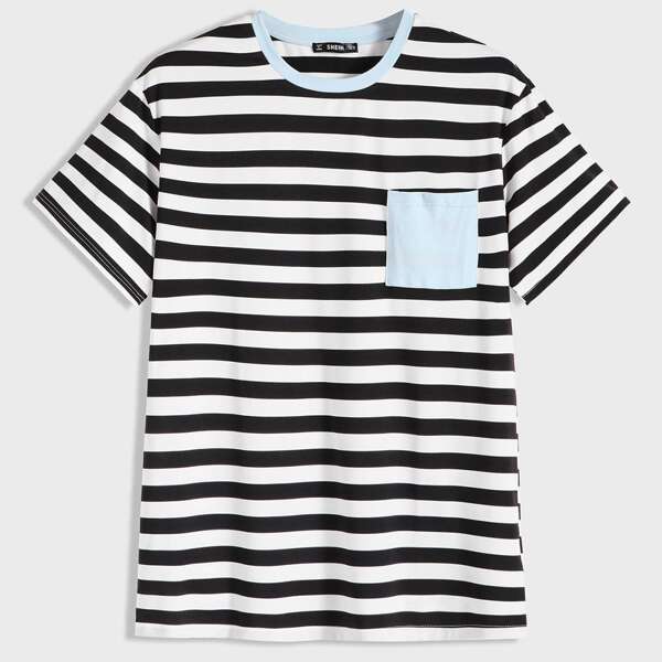 

Men Pocket Patched Striped Tee, Black and white