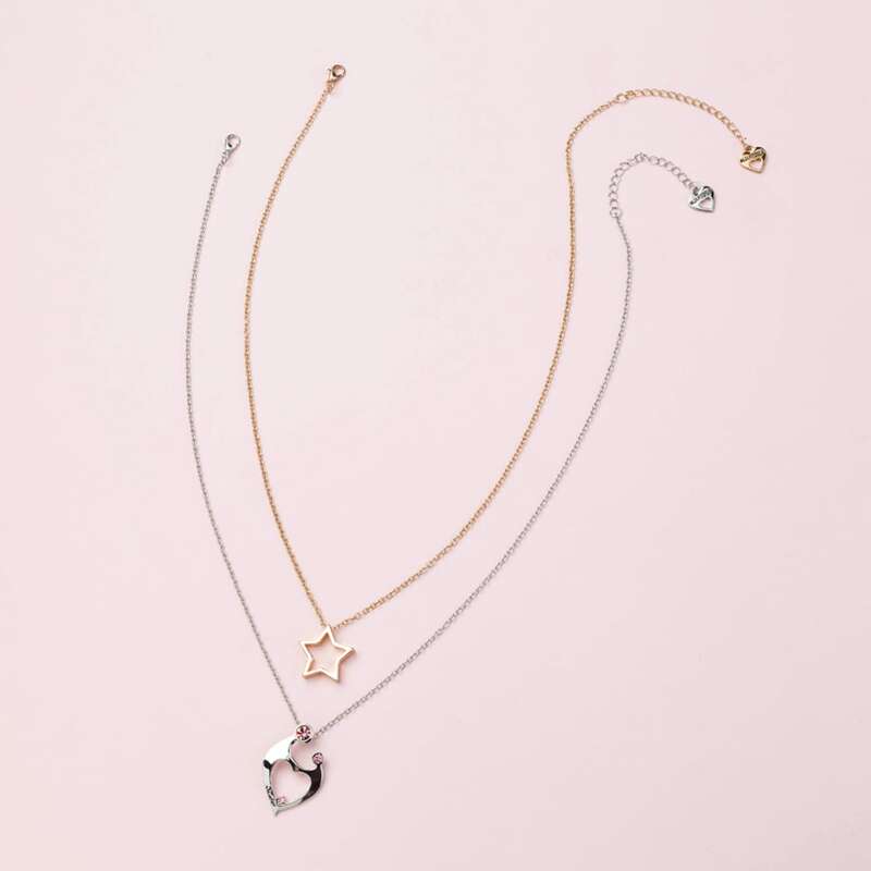 

2pcs Mothers Day Rhinestone Engraved Heart & Star Charm Necklace, Multicolor