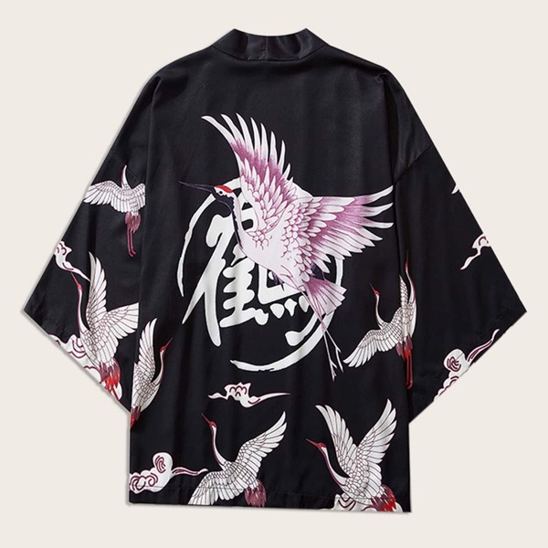 

Men Crane Print Kimono, Black