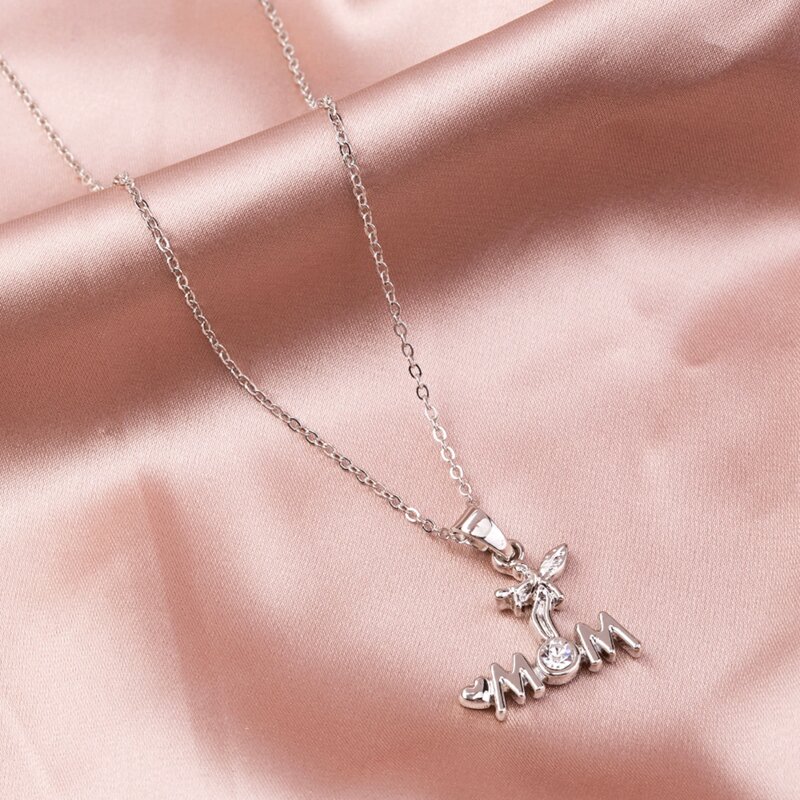 

1pc Mothers Day Rhinestone Engraved & Letter Pendant Necklace, Silver