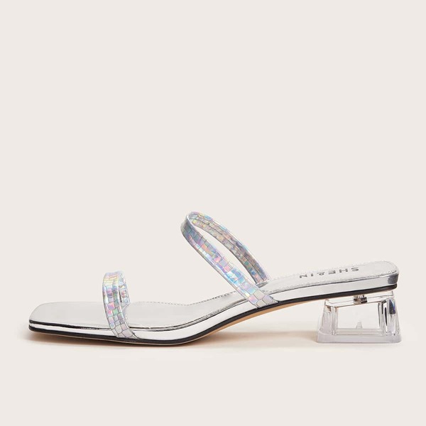 

Holographic Double Strap Chunky Heeled Mules, Silver
