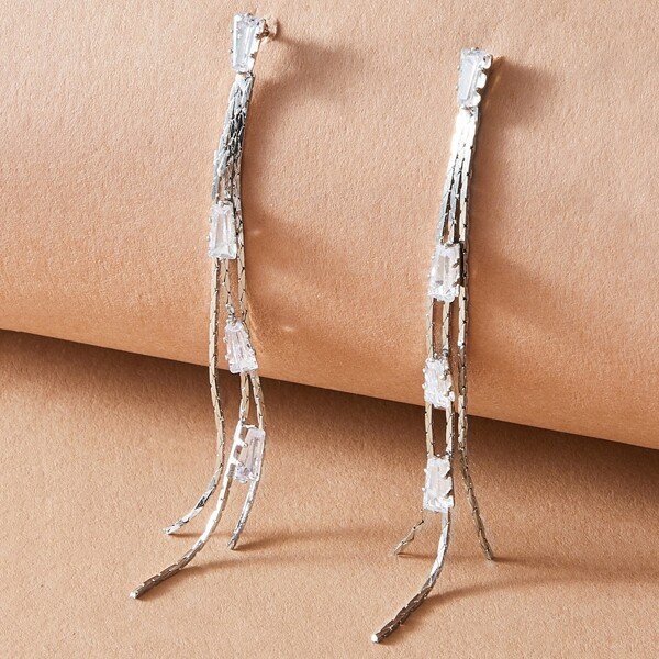 

1pair Gemstone Decor Tassel Drop Earrings, Silver