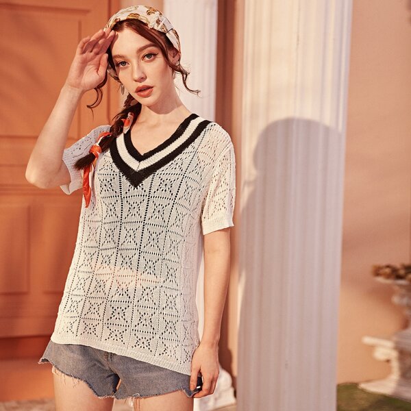 

V Neck Pointelle Knit Top, Beige