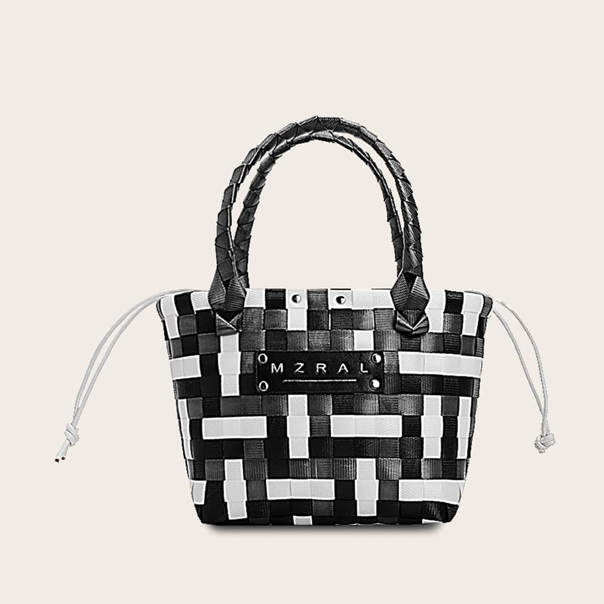 

Woven Plaid Satchel Bag, Grey