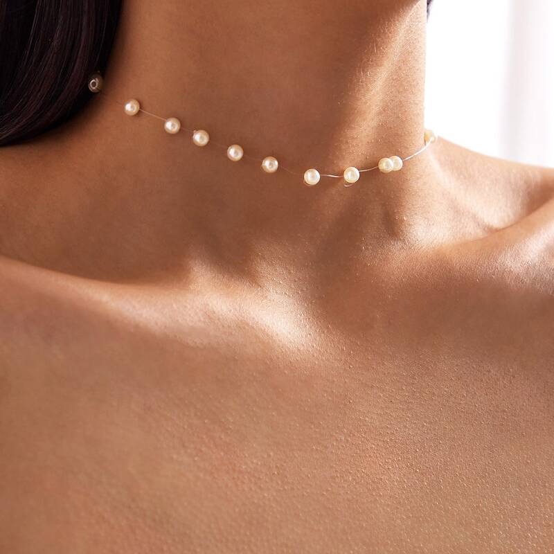 

1pc Pearl Decor Beaded Choker, White