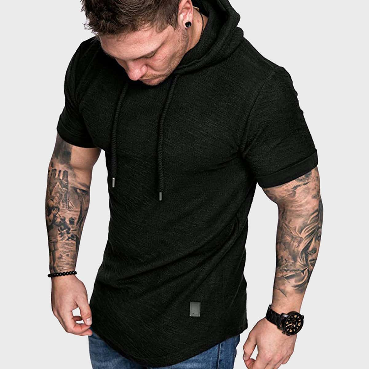 

Guys Solid Patched Drawstring Hooded Tee, Black