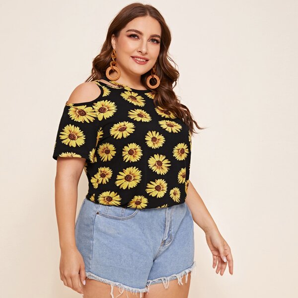 

Plus Floral Print Cold Shoulder Tee, Multicolor