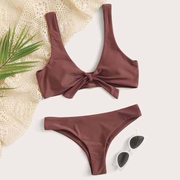 

Tie Front Bikini Set, Brown