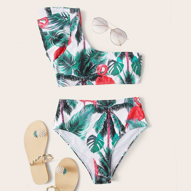 

Tropical Ruffle One Shoulder High Waisted Bikini Swimsuit, Multicolor