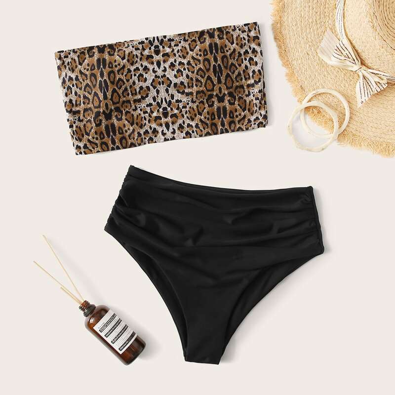 

Leopard Bandeau High Waisted Bikini Swimsuit, Multicolor