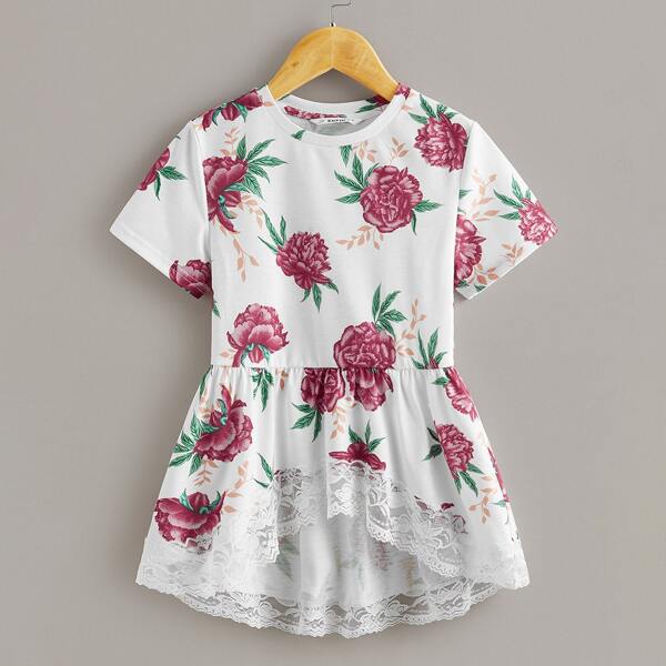 

Girls Lace Trim Floral Print Asymmetrical Peplum Top, Multicolor