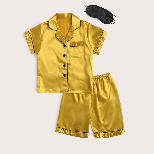 

Boys Contrast Binding Shirt & Shorts Satin Pj Set, Gold