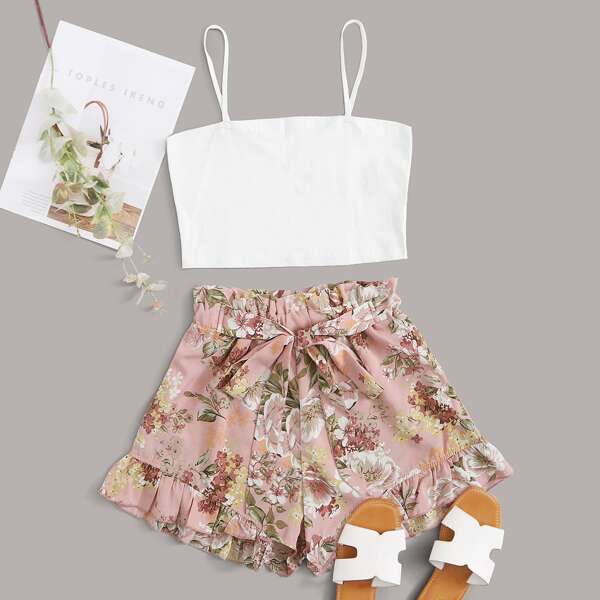 

Crop Cami Top & Floral Ruffle Trim Belted Shorts, Multicolor