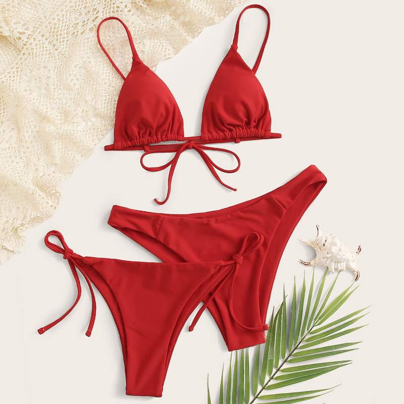 

Triangle Tie Side 3 Piece Bikini Swimsuit, Red