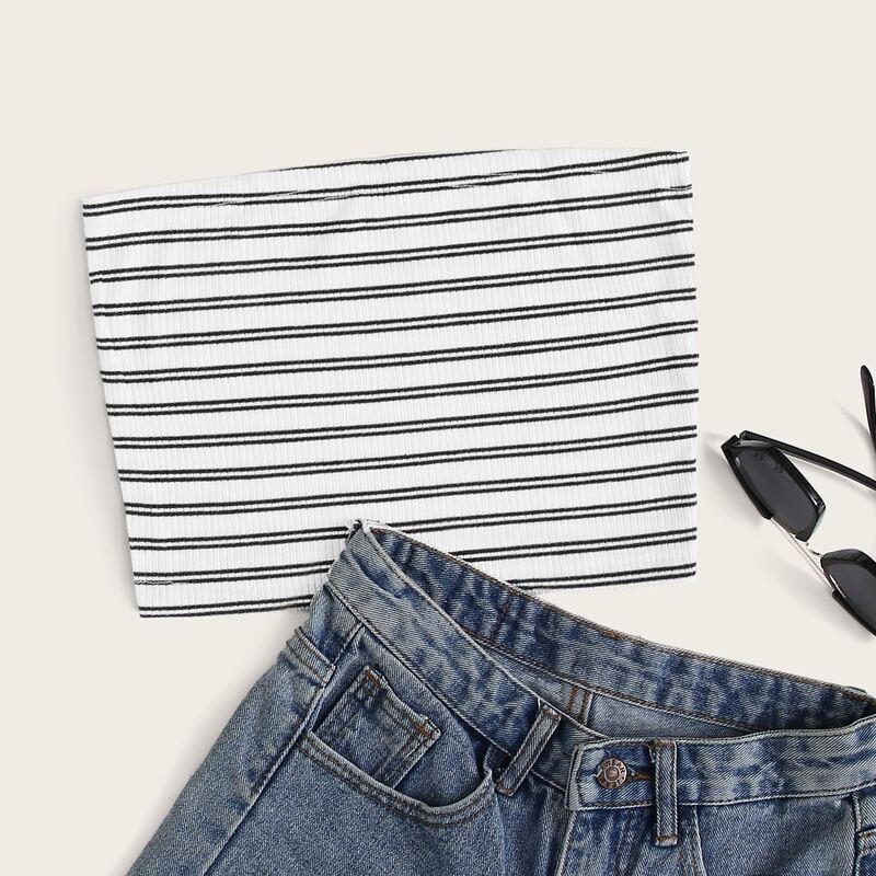 

Striped Crop Tube Top, Black and white
