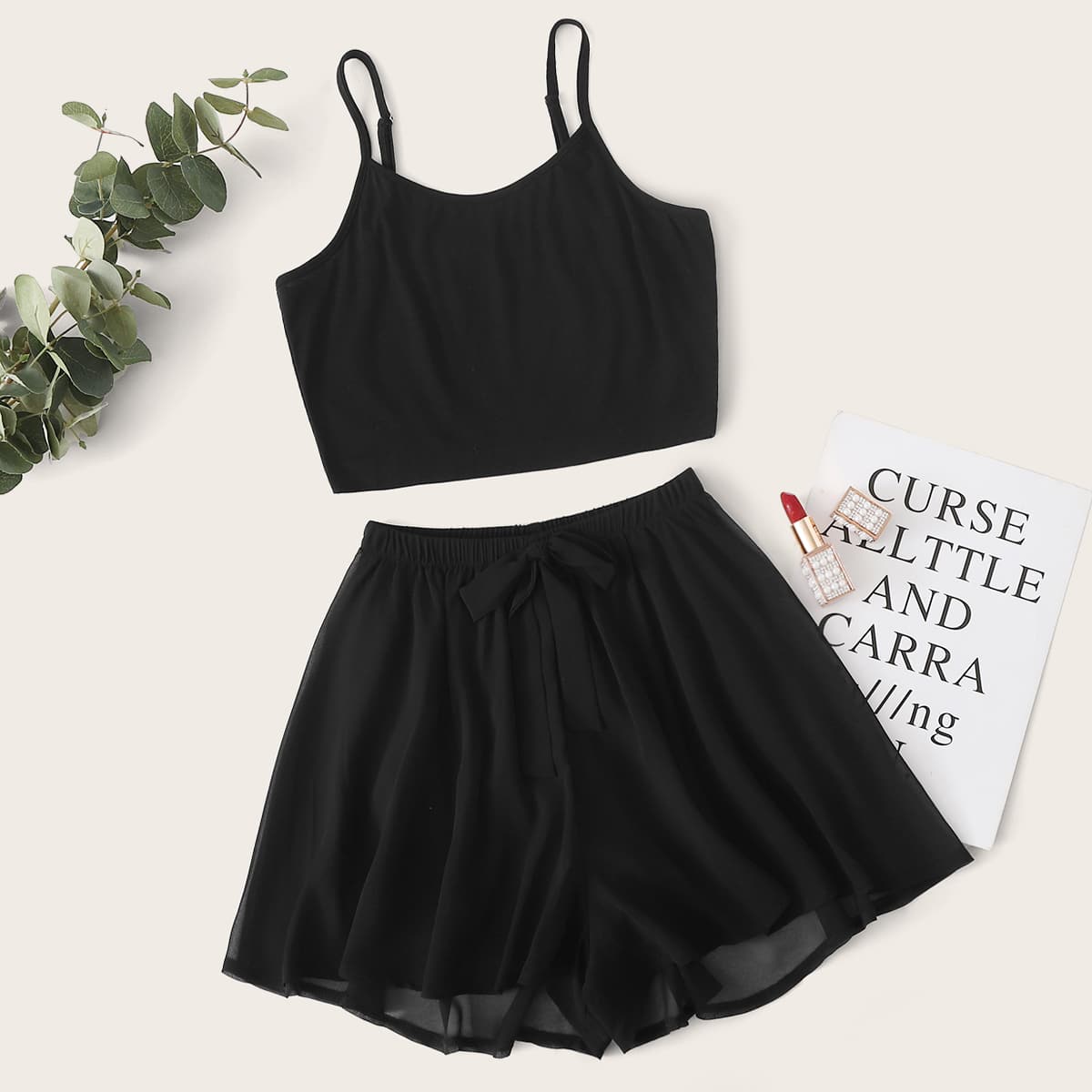 

Solid Cami Top & Shorts PJ Set, Black
