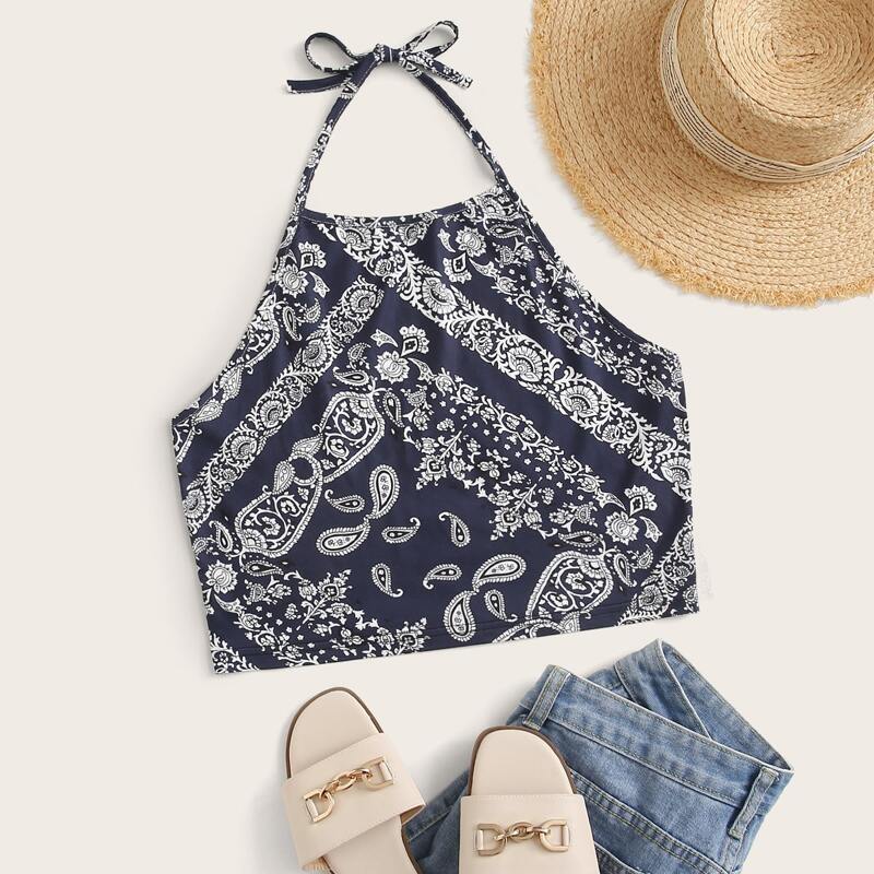 

Paisley Crop Halter Top, Navy blue