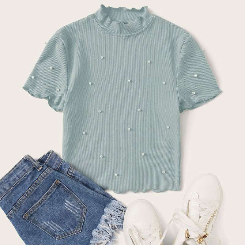 

Pearl Beaded Lettuce Edge Rib-knit Tee, Blue pastel