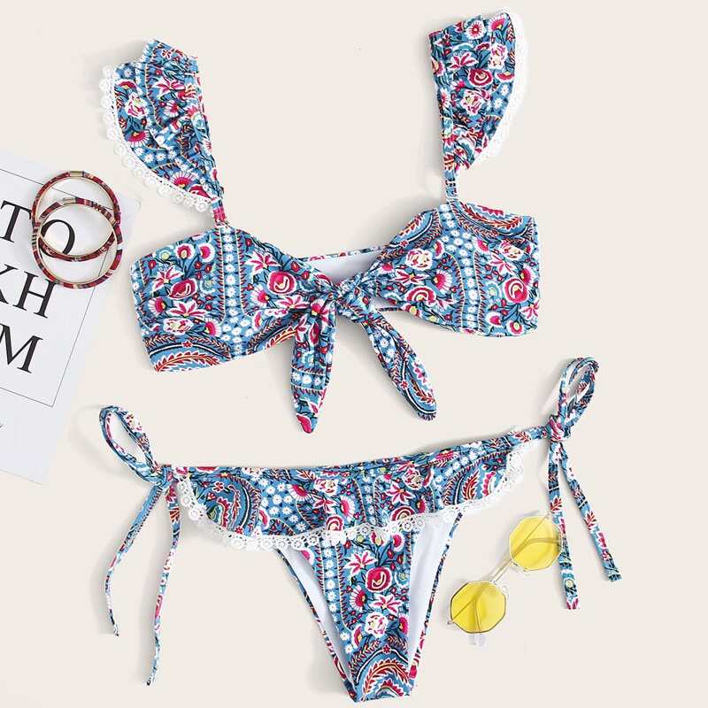 

Tribal Ruffle Knot Front Tie Side Bikini Swimsuit, Multicolor