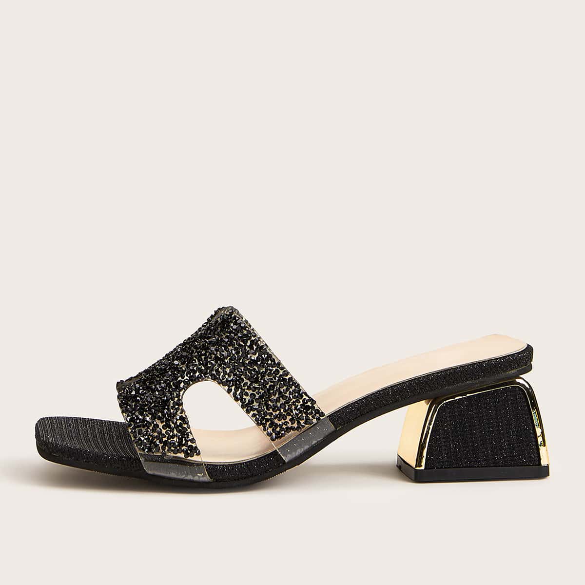 

Rhinestone Chunky Heeled Mules, Black