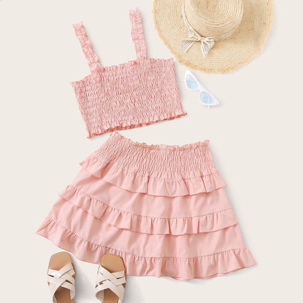 

Frill Shirred Tank Top & Ruffle Layered Skirt, Pink