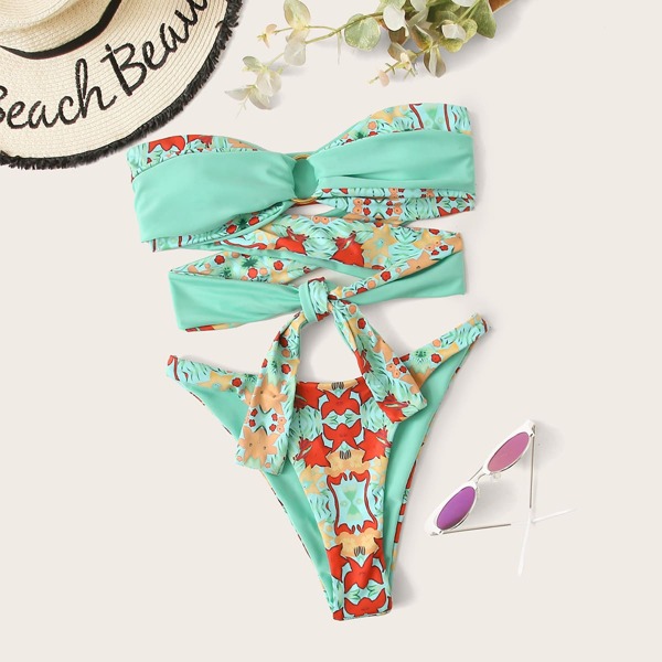 

Plant Tie Front Bandeau High Cut Bikini Swimsuit, Multicolor
