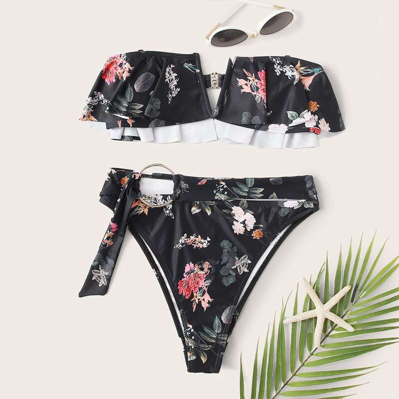 

Floral V Wired Bandeau High Waisted Bikini Swimsuit, Black