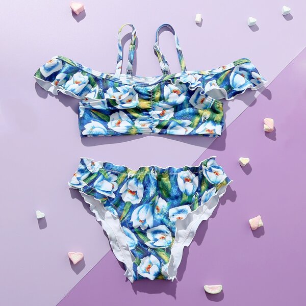

Girls Floral Lettuce Trim Bikini Swimsuit, Multicolor