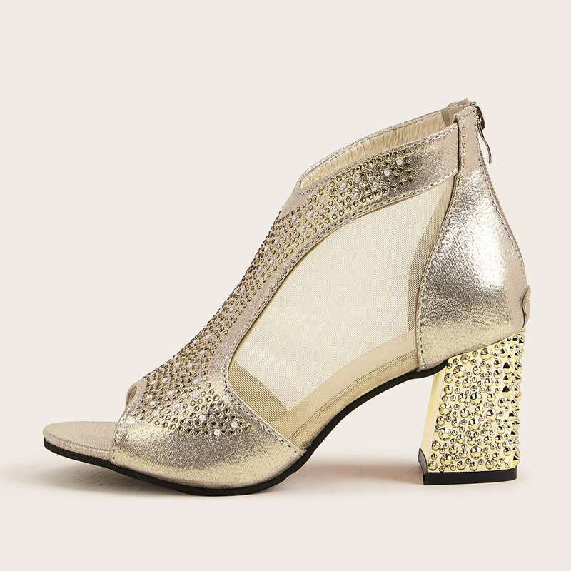 

Metallic Rhinestone Peep Toe Heels, Gold