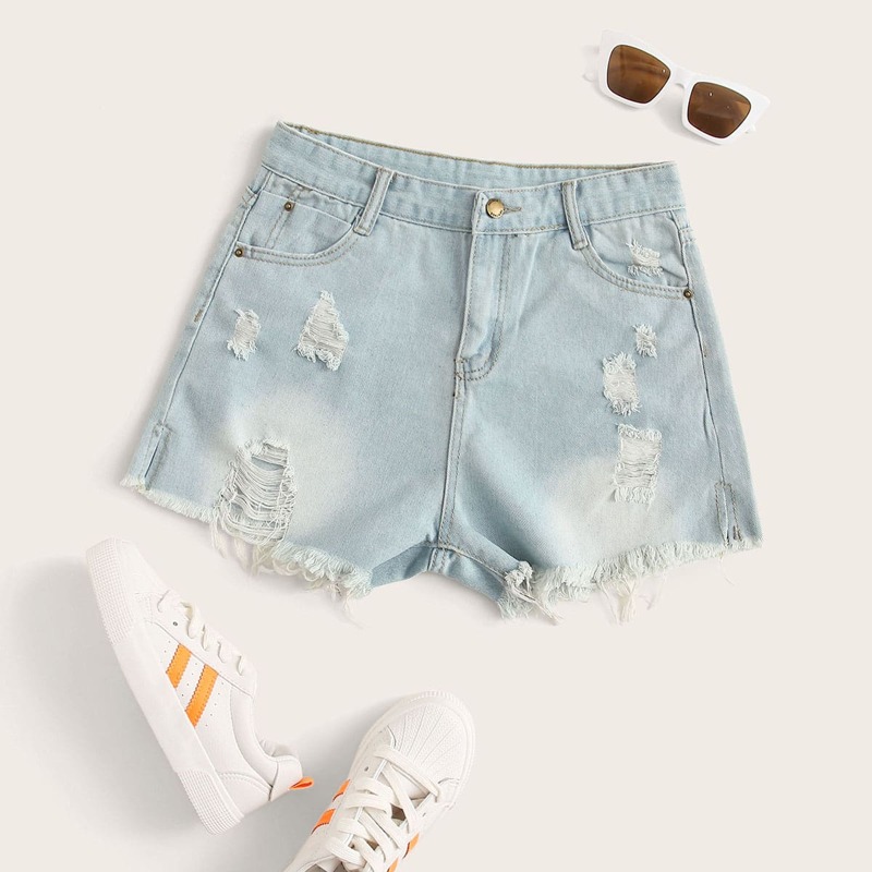

Ripped Raw Hem Denim Shorts, Blue