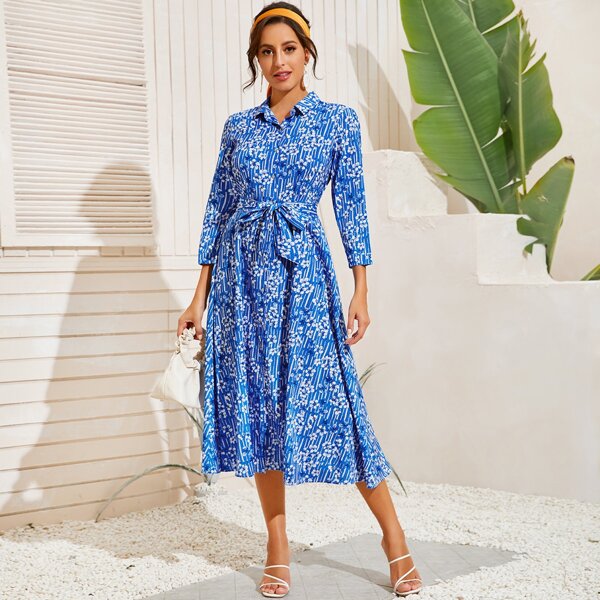 

Allover Floral Print Belted Shirt Dress, Blue