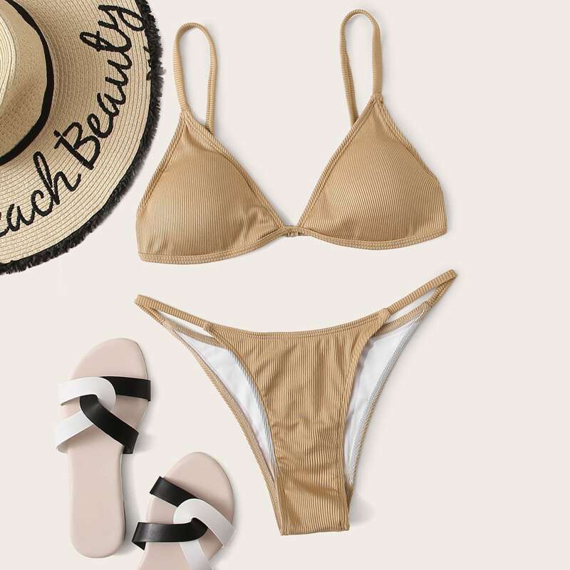 

Rib Triangle Tanga Bikini Swimsuit, Nude