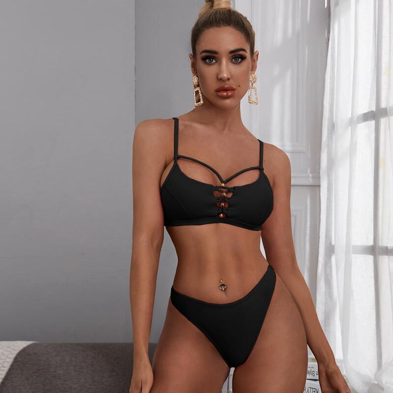

Lattice Front Harness Bikini Swimsuit, Black