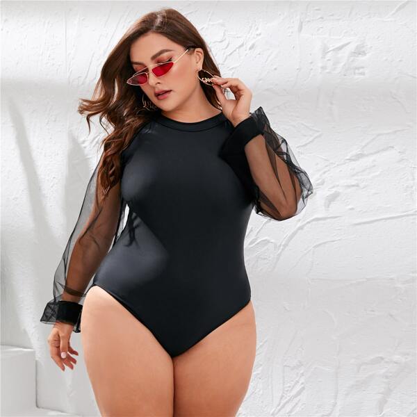 

Plus Mesh Long Sleeve One Piece Swimsuit, Black