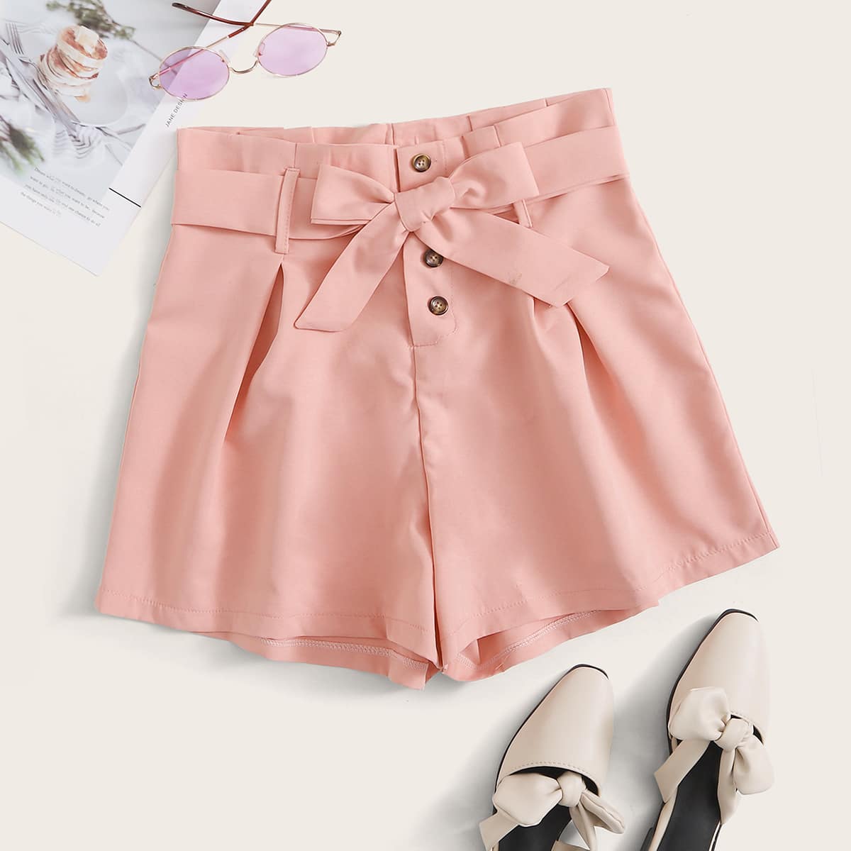 

Button Front Self Tie Shorts, Pink